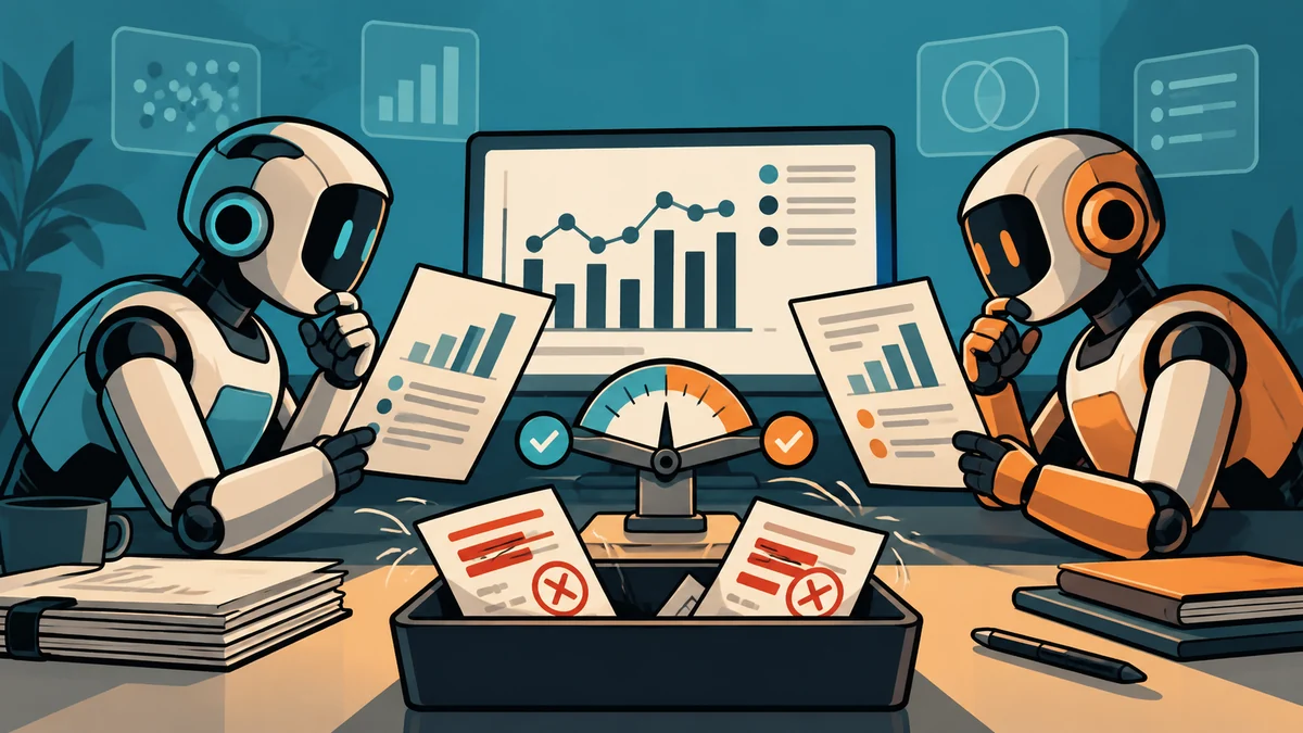 Two AI robots review the same chart while two rejected claim sheets sit in a discard tray beside a measuring gauge