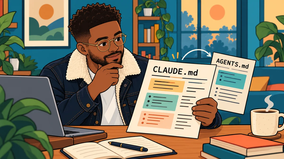 Chudi compares a foreground CLAUDE.md sheet with an AGENTS.md sheet behind it.