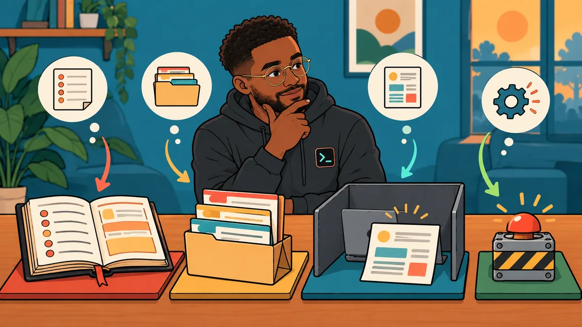 Chudi compares an always-on rulebook, a skill folder, an isolated worker, and an event trigger.