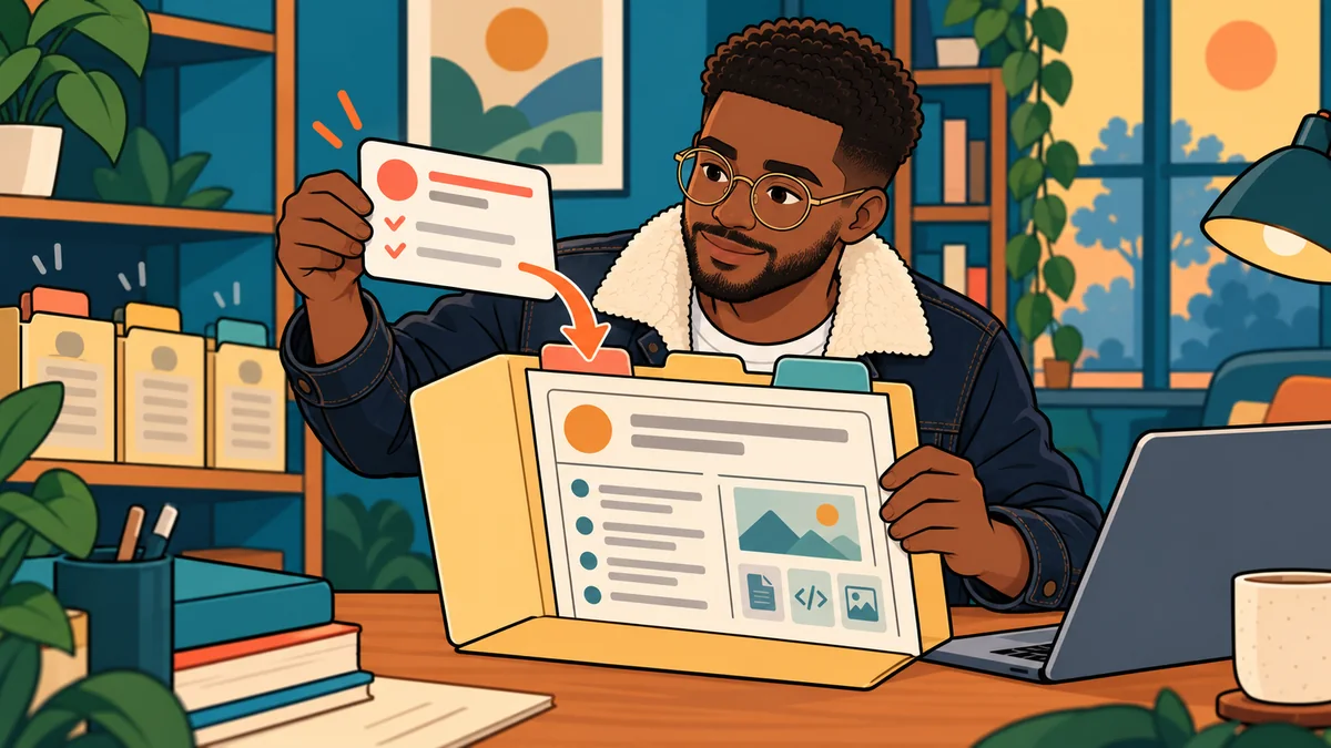 Chudi places a reusable instruction sheet into a folder of project skills.