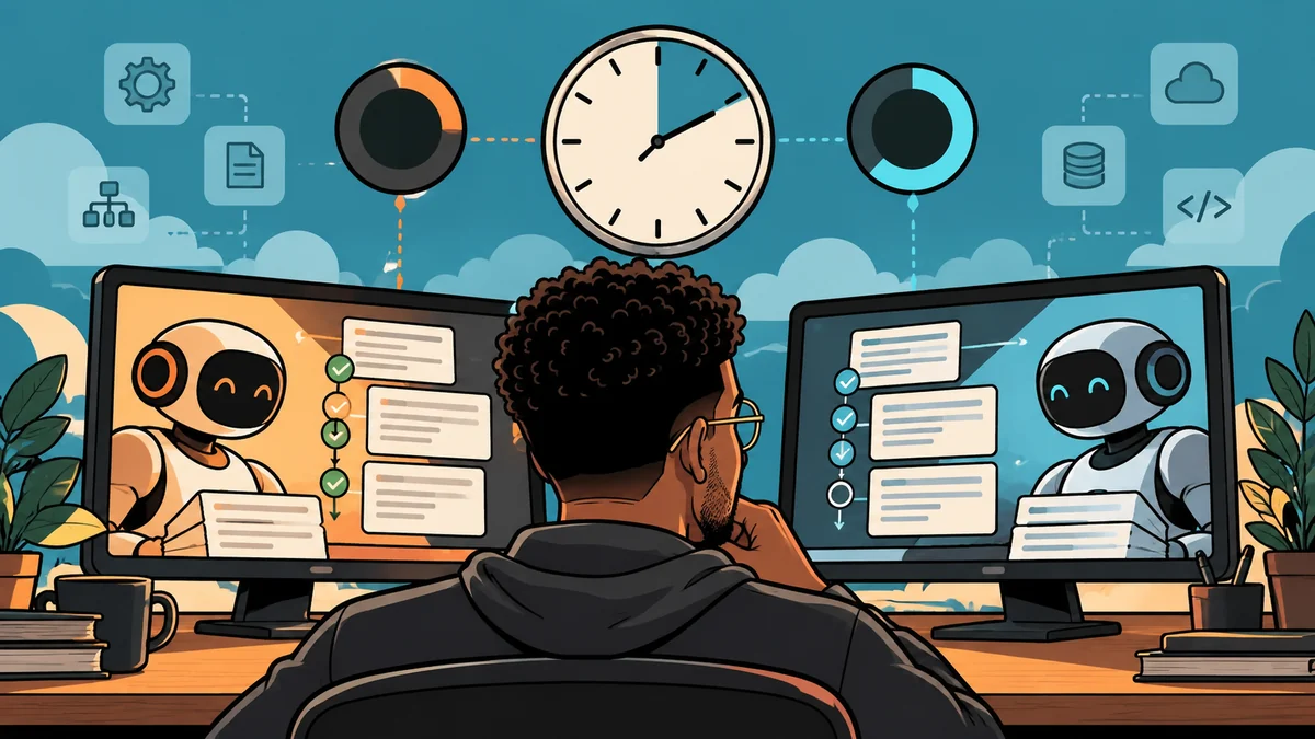 A developer watches two AI robots work through the same day of tasks under a clock and two usage dials