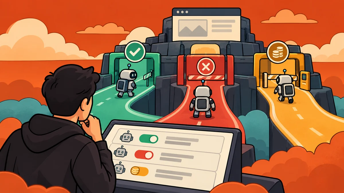 AI crawler robots approach a website through three gates, allowed, blocked and paid, while a site owner adjusts the switches