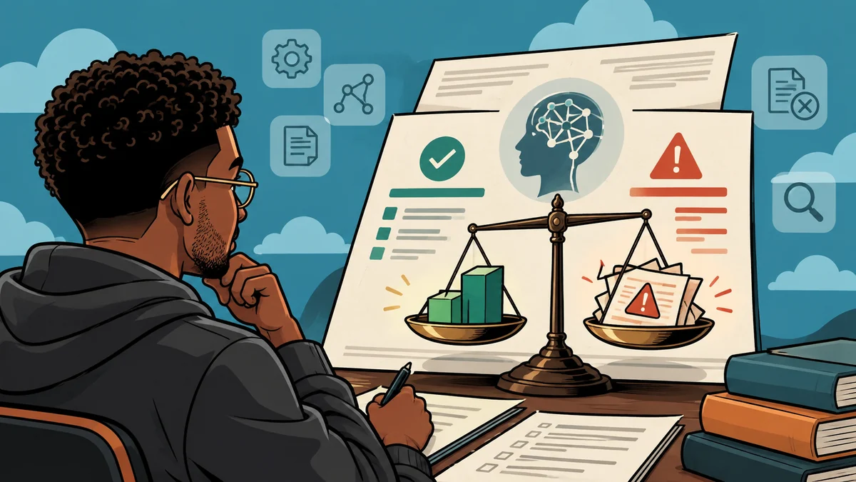 A reviewer weighs a model report on a balance scale, a capability check on one side and a fabrication warning on the other