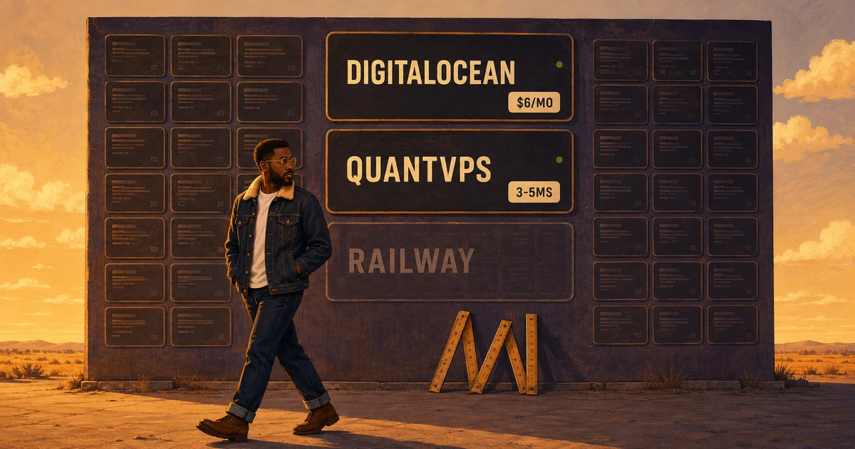 Illustrated board comparing VPS providers: DigitalOcean at $6 per month and QuantVPS at 3-5ms lit as providers I ran, with Railway greyed out as untested