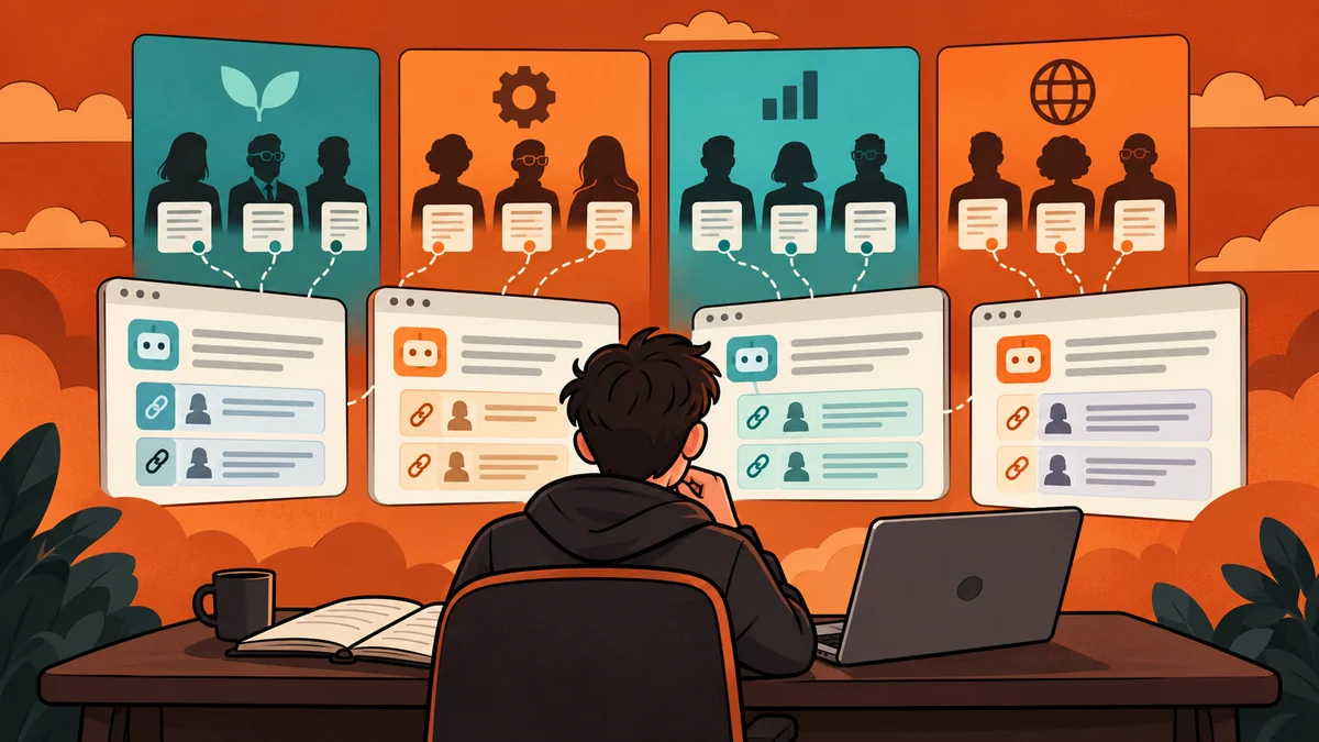 A researcher maps named expert sources across four topic columns linked to AI answer windows