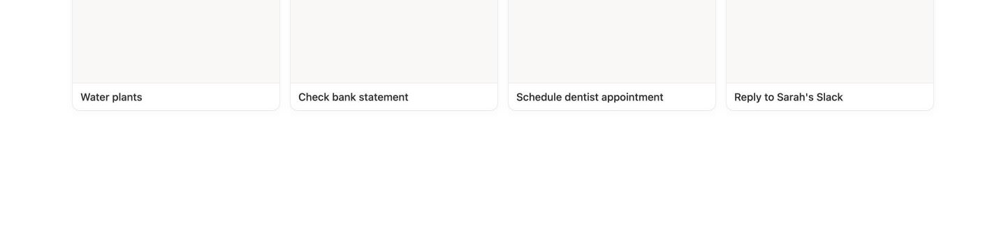The Quick Wins view in Notion, showing four five-minute tasks as cards.